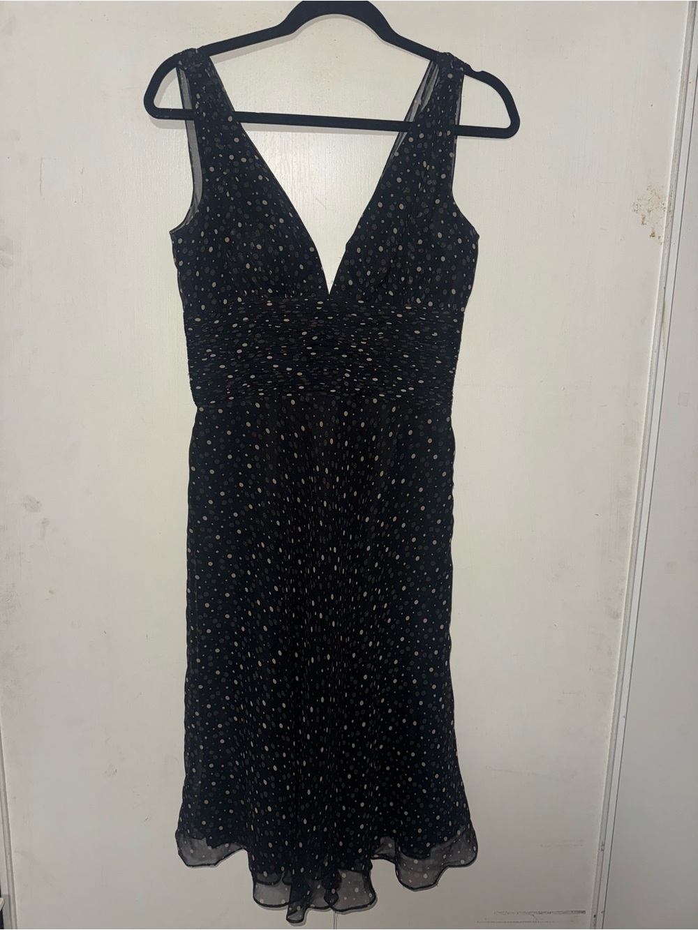 White House Black Market Black Polka Dot V-Neck Midi Dress